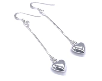 925 Sterling Silver 65 mm Longue Chaîne Drop Dangle Heart Boucles d’oreilles