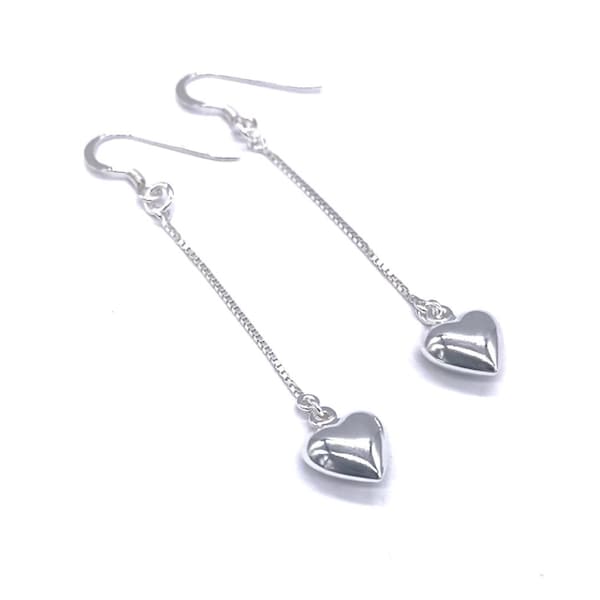 925 Sterling Silver 65 mm Long Chain Drop Dangle Heart Earrings