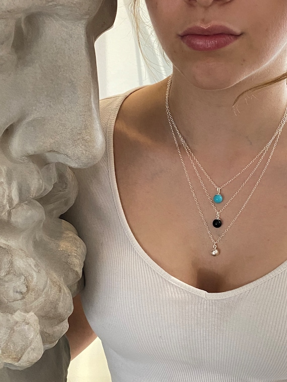 925 Sterling Silver 3 Layered Chain Necklace With Turquoise