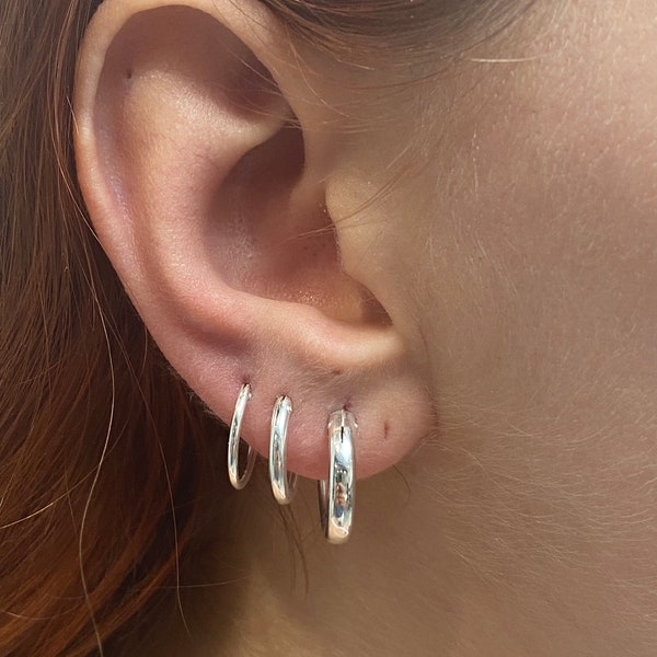 925 Sterling Silver Sleeper Hinged HOOP Earrings 1 mm, 2 mm or 3 mm Thick