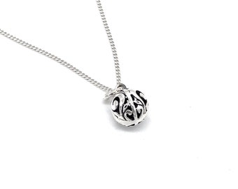 Celtic Filigree Ball Pendant Charm Necklace 925 Sterling Silver on Silver Curb Chain or Without Chain