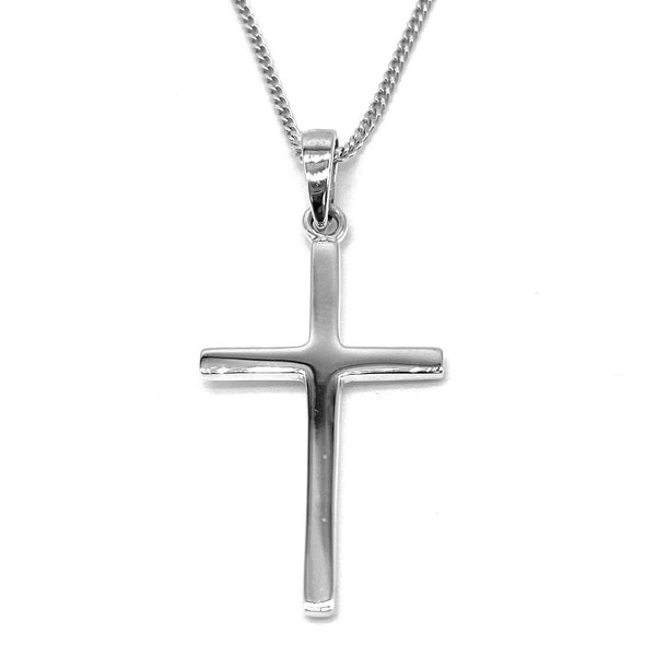 Plain Latin Cross Pendant 925 Sterling Silver on Silver Curb Chain