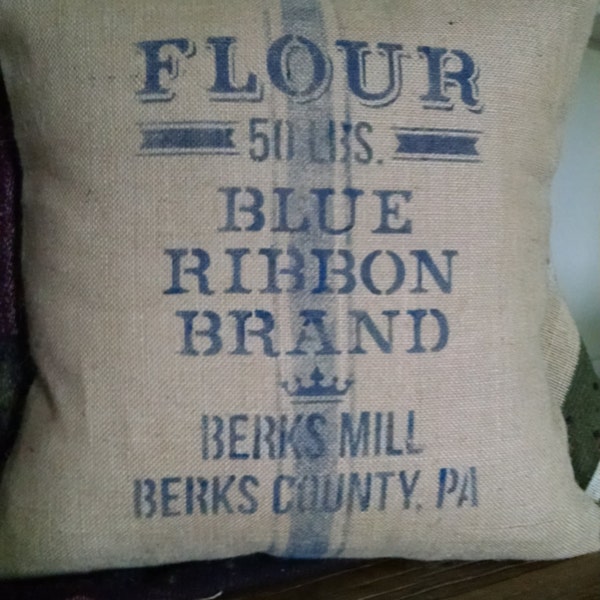 Farmhouse  16"x16" Flour-sack Inspired Blue Ribbon Brand Flour Burlap Pillow Cover