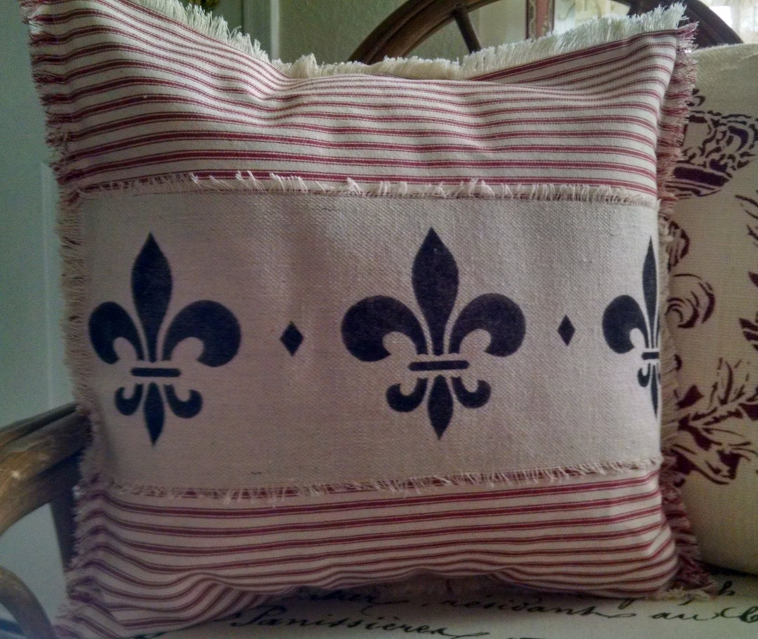 Shabby Country French 16x16 Fleur De Lis Red Mattress Ticking Pillow