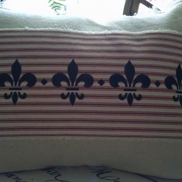 Country French  12"x16" Red Mattress Ticking with Fleur de Lis Recycled Cotton Canvas Pillow Cover