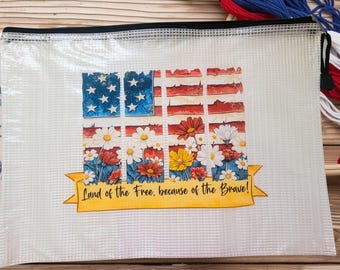 American Flag Land of the Free  Project Bag Pouch for Cross Stitching / Knitting / Crafting