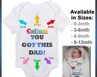 Personalised "You Got This Dad" Baby Onesie, One Piece, Romper, Customised Name Gift - Dressing Baby Instructions Arm, Leg, Head....