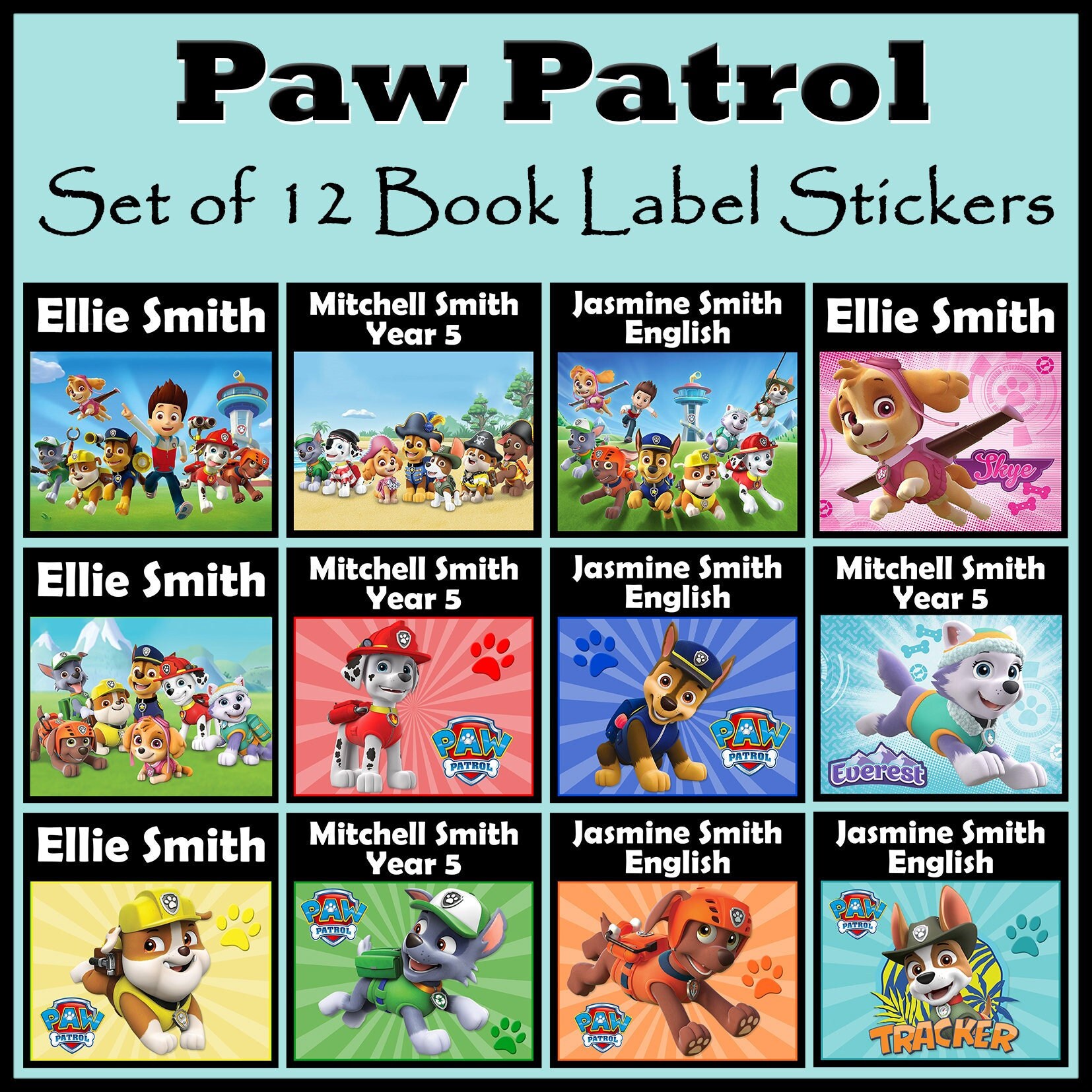 Personalised Paw Patrol Book Label Stickers - Set of 12 - Any Name or Text - Gift Idea - Great for School Books, Party Loot Bags & More!
