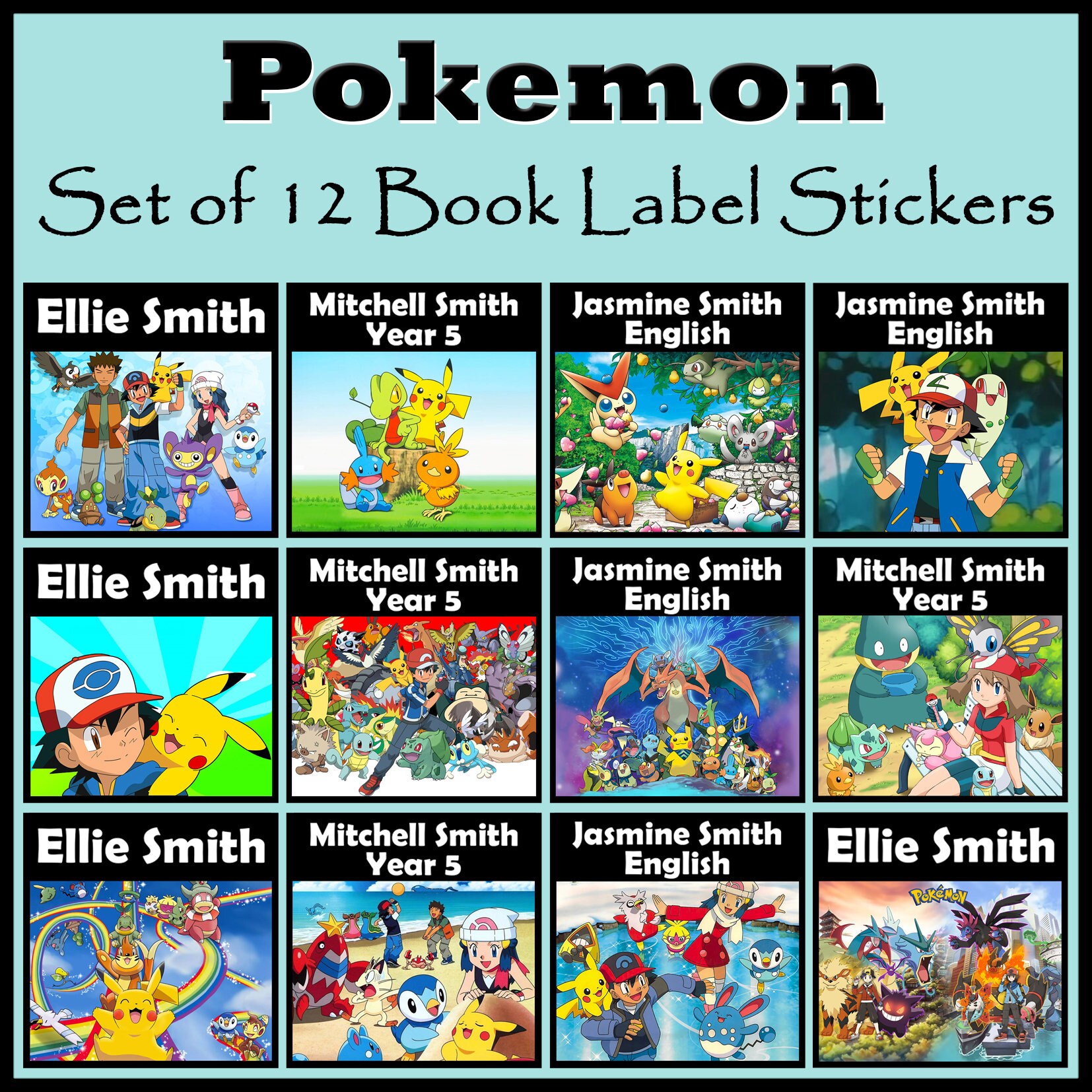 Personalised Pokemon Book Label Stickers - Set of 12 - Any Name or Text - Gift Idea - Great for School Books, Party Loot Bags
