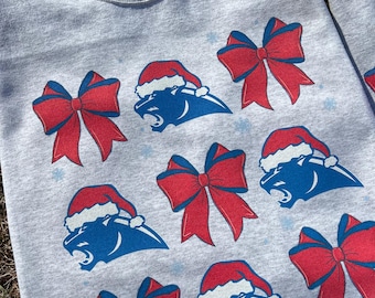 Panthers Christmas Sweatshirt | Festive Mascot Crewneck | Santa Hat & Holiday Bow Design