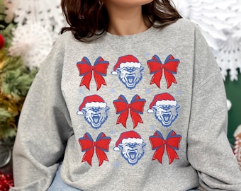 Youth and Adult Wampus Cat Christmas Sweatshirt | Festive Mascot Crewneck | Santa Hat & Holiday Bow Design
