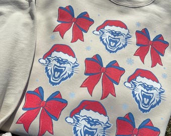 Wampus Cat Christmas Sweatshirt | Festive Mascot Crewneck | Santa Hat & Holiday Bow Design