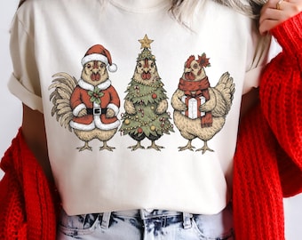 Festive Christmas Chickens Comfort Colors Shirt – Funny Holiday Farm Tee – Chicken Lover Gift