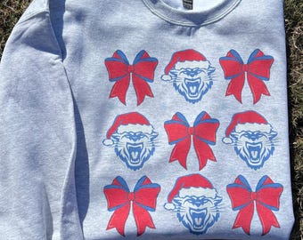 Wampus Cat Christmas Sweatshirt | Festive Mascot Crewneck | Santa Hat & Holiday Bow Design