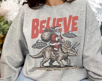 Santa • UFO • Dinosaur | Funny Retro Holiday Sweater | Unisex | Youth + Adult