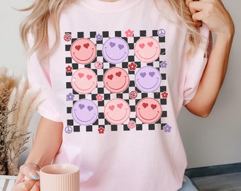 Happy Hearts and flowers checker Shirt || Unisex Comfort Color Tee | Vintage Retro Valentine | Colorful Hearts