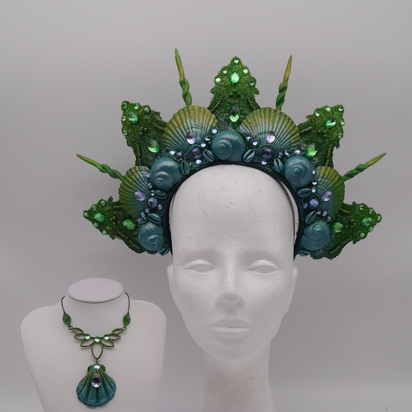 couronne de sirène bleu vert ~ couronne de sirène ~ reine ~ coiffure ~ sirène ~ coquille ~ couronne de coquille