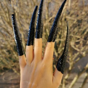Könnte beinhalten: Eine Hand mit langen, schwarzen, spitzen Fingernägeln. Die Nägel haben ein strukturiertes, verziertes Design. Der Hintergrund ist verschwommen, mit sichtbaren Ästen. Die Nägel sind ein auffälliges, gothisch inspiriertes Accessoire.