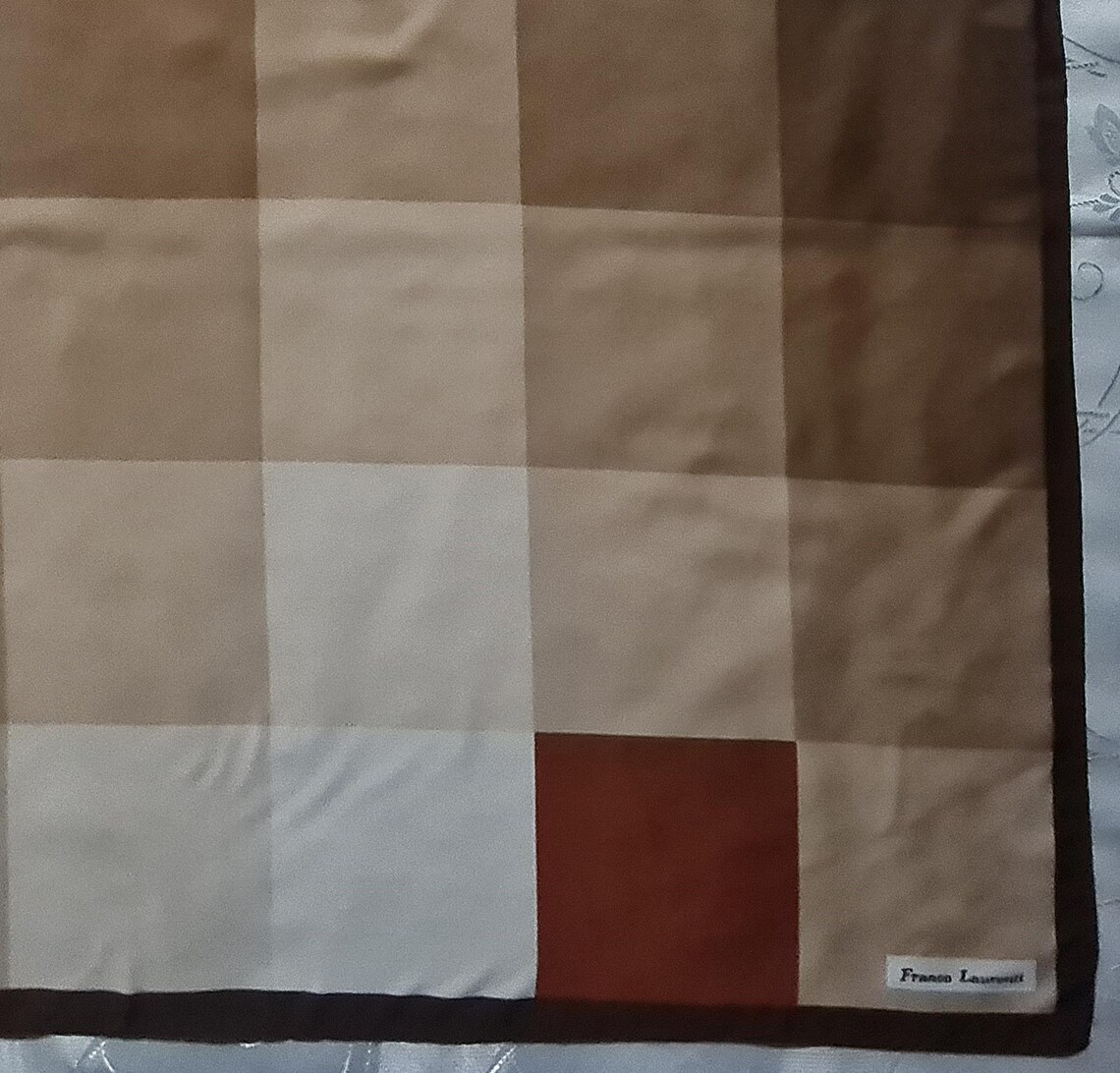 Scarf Vintage Authentic Franco Laurenti Plaid Art Brown Beige Silk 35" Square, foto 4 de 5