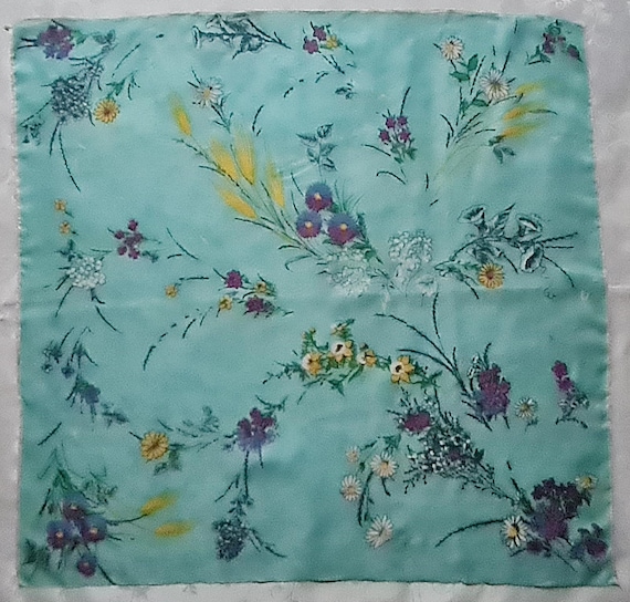 Scarf Vintage Authentic Floral Art Field Flowers Blue Yellow Silk 28" Square