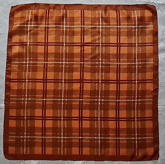 Scarf Vintage Authentic Plaid Art Brick Brown Satin Silk 26" Square