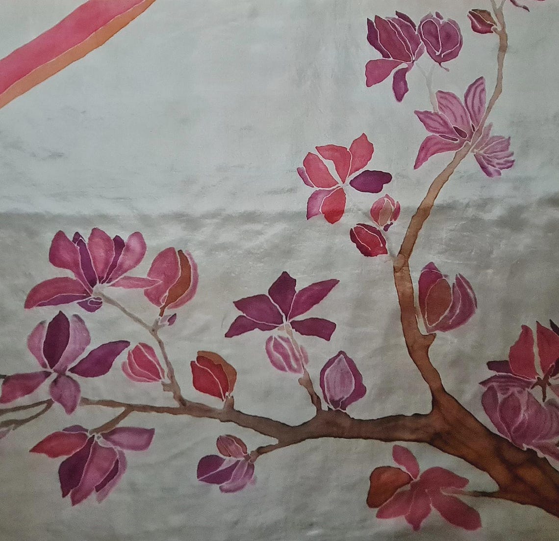 Scarf Vintage Authentic Hand Painted Floral Art Magnolia Chiffon Silk 35" Square, foto 3 di 5