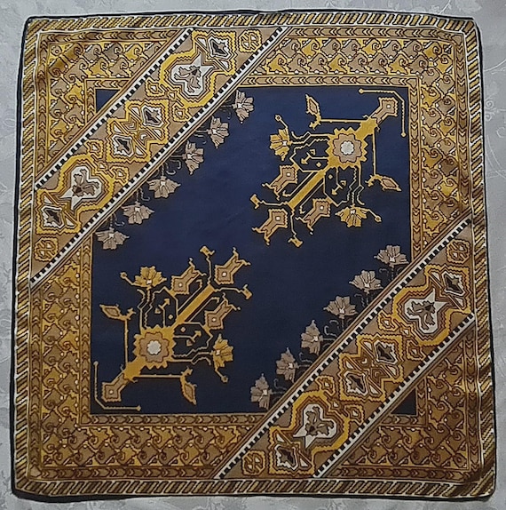 Scarf Vintage Authentic Geometric Aztec Art Blue Beige Yellow Silk 30" Square
