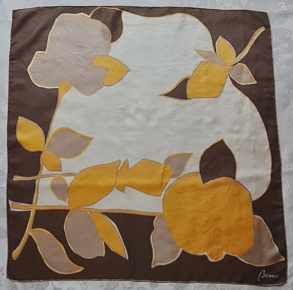 Scarf Vintage Authentic Besco Logo Floral Art Rose Brown Yellow Silk 30" Square