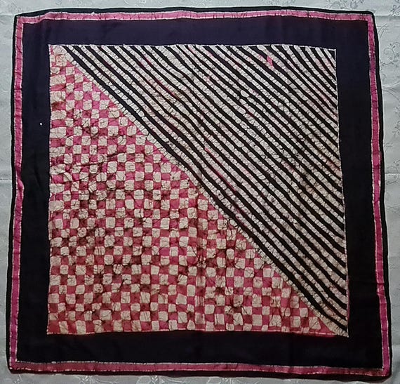 Scarf Vintage Authentic Hand Painted Batik Tribal Striped Plaid Silk 41" Square