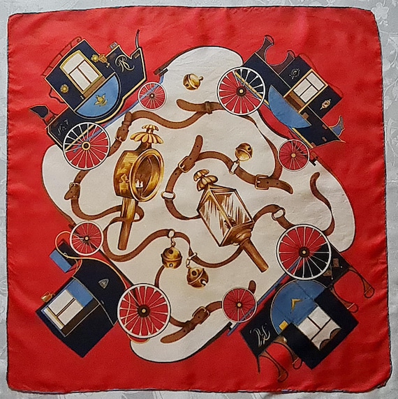 Scarf Vintage Authentic Equestrian Art Carriages Red Brown Blue Silk 30" Square