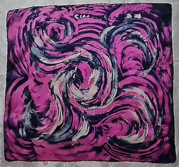 Scarf Vintage Hand Painted Watercolor Psychedelic Art Pink Blue Silk 28" Square