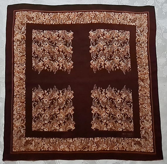 Scarf Vintage Authentic Michel Paris Floral Art Brown Beige Silk 31" Square