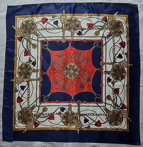 Scarf Vintage Authentic Baroque Art Jewelry Tassels Frame Blue Silk 34" Square