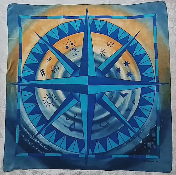 Scarf Vintage Come Busch 97 Astrology Zodiac Horoscop Blue Brown Silk 35" Square