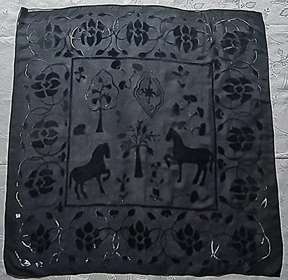 Scarf Vintage Switzerland Route De La Soie Horses Cut Velvet Silk 36" Square