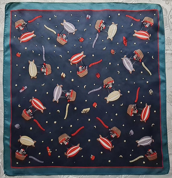 Scarf Christmas Vintage Codello Santa Claus Blue Red Silk 21" Square Small