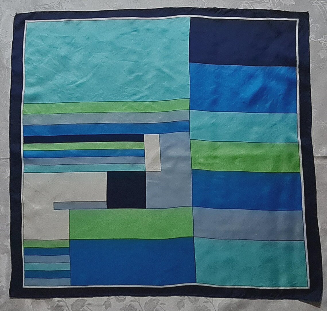 Scarf Vintage Authentic Plaid Art Blue Green White Silk 30" Square, foto 1 di 5