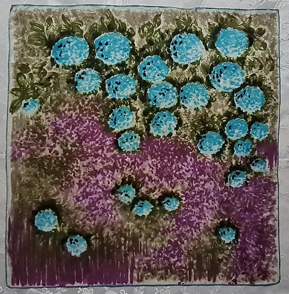 Scarf Vintage Authentic Floral Brush Art Roses Blue Purple Silk 27" Square