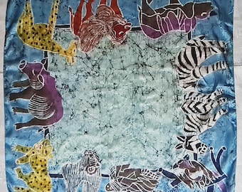 Scarf Vintage Authentic Hand Painted Batik Tribal Animal Art Silk 42" Square