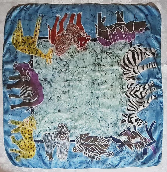 Scarf Vintage Authentic Hand Painted Batik Tribal Animal Art Silk 42" Square