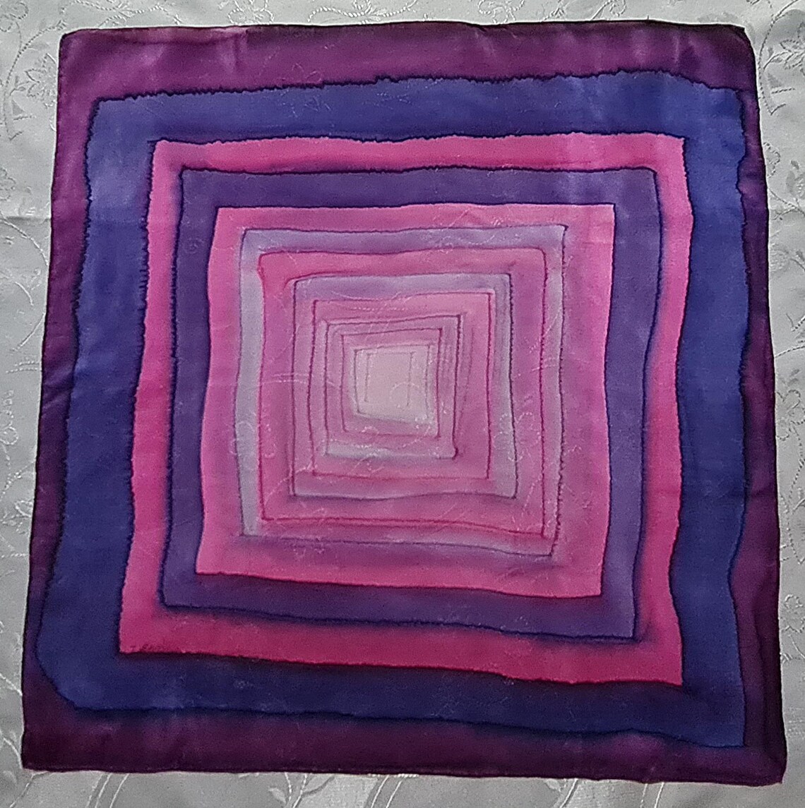 Scarf Vintage Switzerland Route De La Soie Hand Painted Silk 21" Square Small, foto 1 di 5