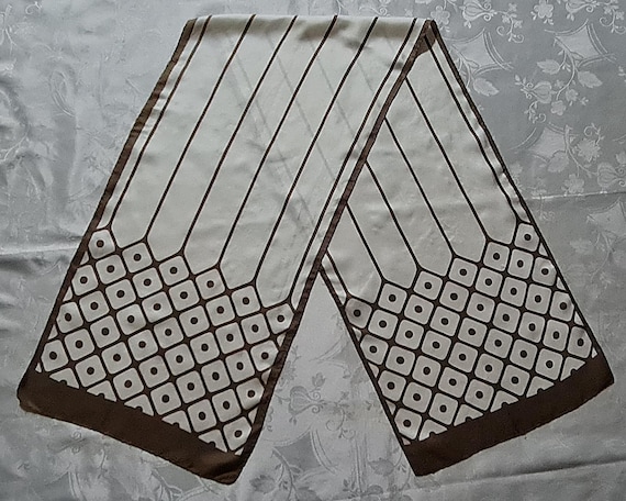 Gents Scarf Vintage Authentic Striped Plaid Art Brown White Silk Long Mens