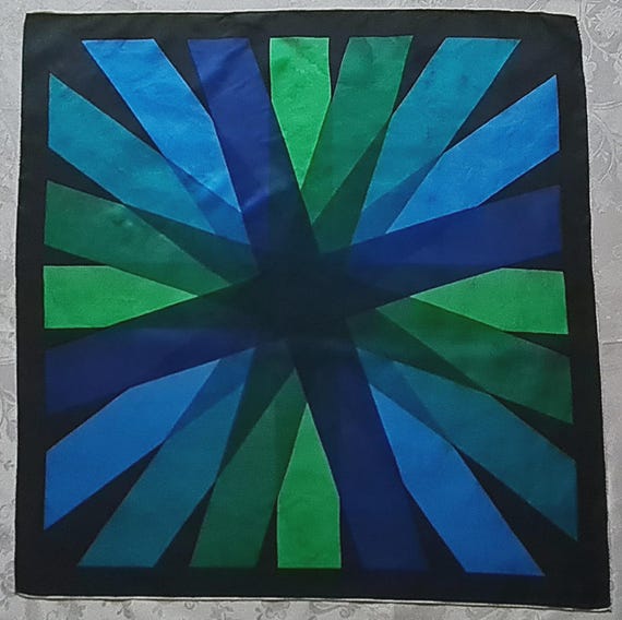 Scarf Vintage Authentic Geometric Art Blue Green Silk 29" Square