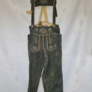 Vintage Fuchs Oktoberfest Dirndl Tirol leren herenbroek met bretels US 34 EU 50