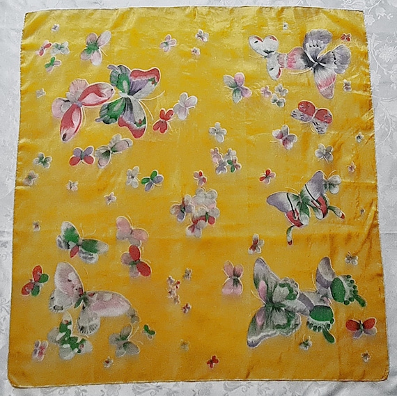 Scarf Vintage Authentic Butterflies Yellow Silk 33" Square