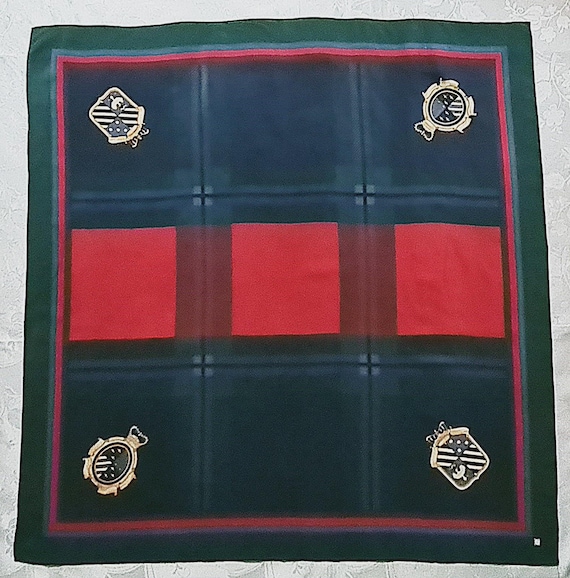 Scarf Vintage Authentic Courreges Logo Plaid Art Green Red Blue Silk 35" Square