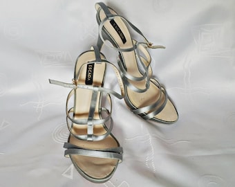 Vintage Authentic Escada Silver Blue Leather Womens Shoes Sandals Us 7 Eu 38