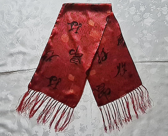 Gents Scarf Vintage Authentic Chinese Art Hieroglyph Silk Long Double Mens