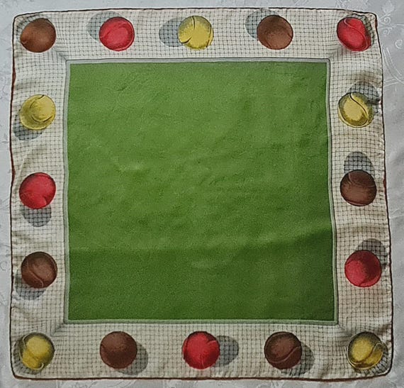 Scarf Vintage Authentic Sport Tennis Art Green Brown Red Silk 27" Square