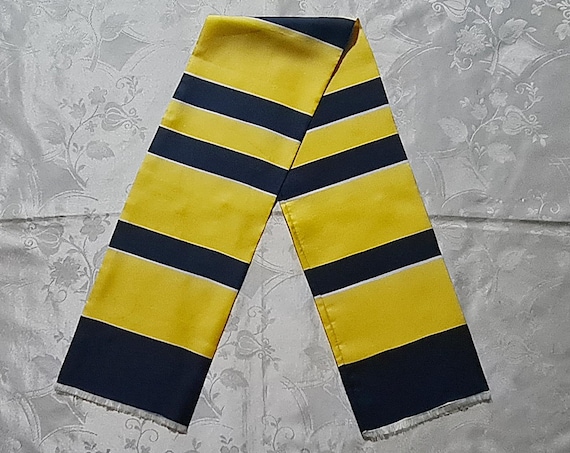 Gents Scarf Vintage Authentic Striped Art Yellow Blue Silk Long Double Mens